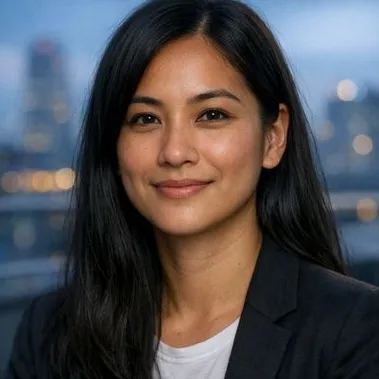 Woman in mid-30s, long straight black hair, dark eyes, relaxed expression